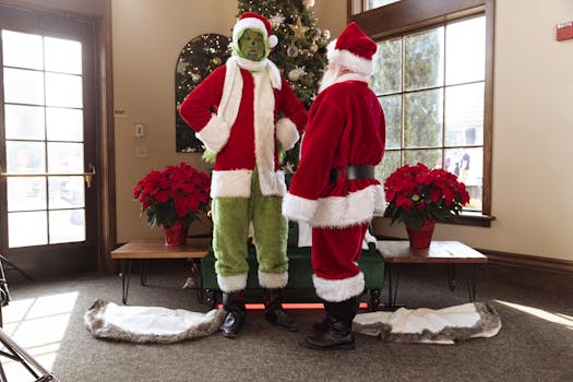 Santa Claus and the Grinch in a festive indoor setting, perfect for Christmas-themed content.